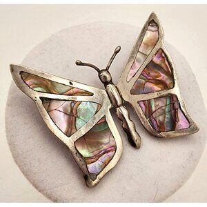 Vintage Mexican Taxco Sterling Silver & Abalone Butterfly Brooch Pin Retro 70s